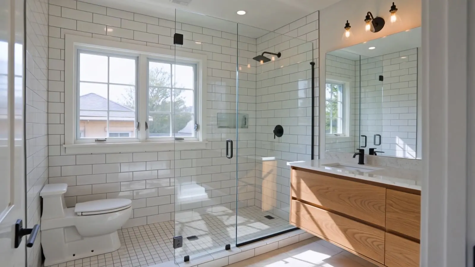 Remodeled bathroom with a frameless glass walk-in shower, white tile and an oak vanity