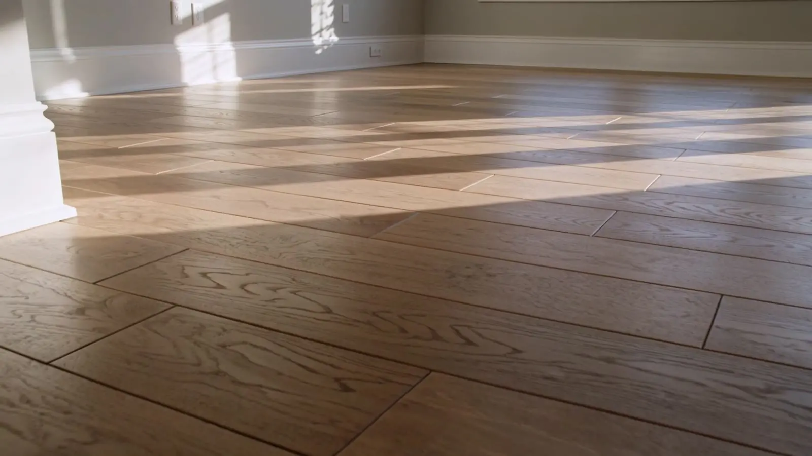 Newly installed wide-plank oak floor in an empty, sunlit living room